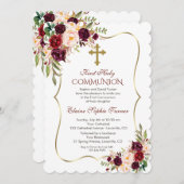 Invitation Luxe Bourgogne Blush Floral Holy Communion (Devant / Derrière)