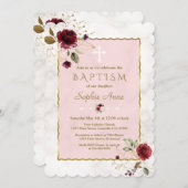 Invitation Luxe Bourgogne Or Fleurs Marbre Baptême (Devant / Derrière)