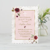 Invitation Luxe Bourgogne Or Fleurs Marbre Baptême (Debout devant)