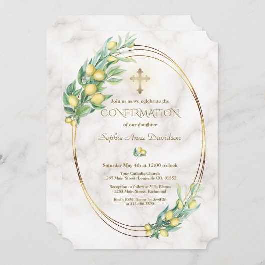 Invitation Luxe Branches de citron Gold Cross Confirmation (Devant / Derrière)