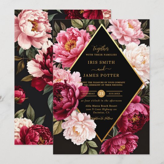 Invitation Luxe Burgundy and Blush Pink Peony Floral Wedding (Devant / Derrière)