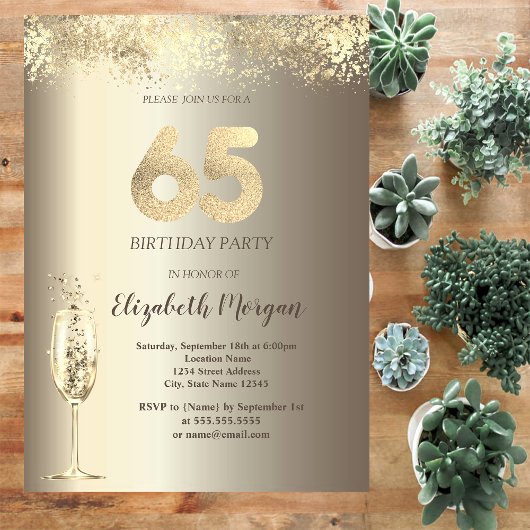 Invitation Luxe Champagne Verre Or Confetti 65e anniversaire