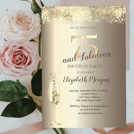 Invitation Luxe Champagne Verre Or Confetti 75e anniversaire