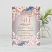 Invitation Luxe Chic Fleurs,Guirlande Lumineuse 90e Anniversa (Debout devant)