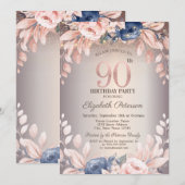 Invitation Luxe Chic Fleurs,Guirlande Lumineuse 90e Anniversa (Devant / Derrière)