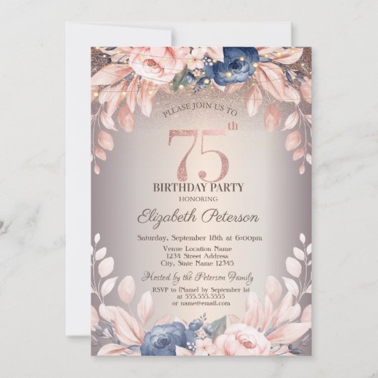Invitation Luxe Chic Floral, String Lights 75e anniversaire (Devant)