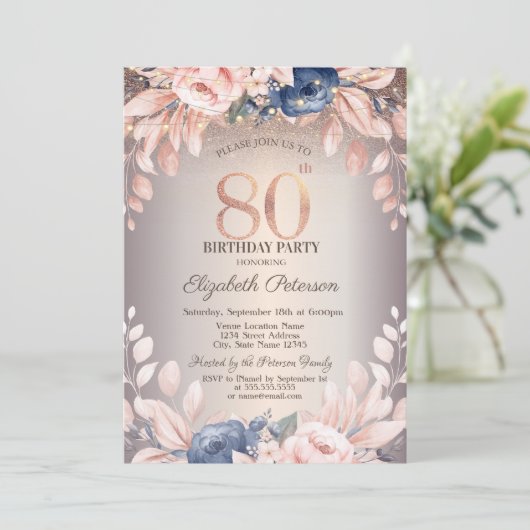 Invitation Luxe Chic Floral, String Lights 80e anniversaire (Debout devant)