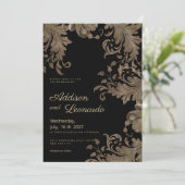 Invitation Luxe chic Mariage en dentelle fleurie or noir (Debout devant)