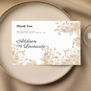 Invitation Luxe chic or blanc dentelle fleurie Merci