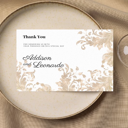 Invitation Luxe chic or blanc dentelle fleurie Merci