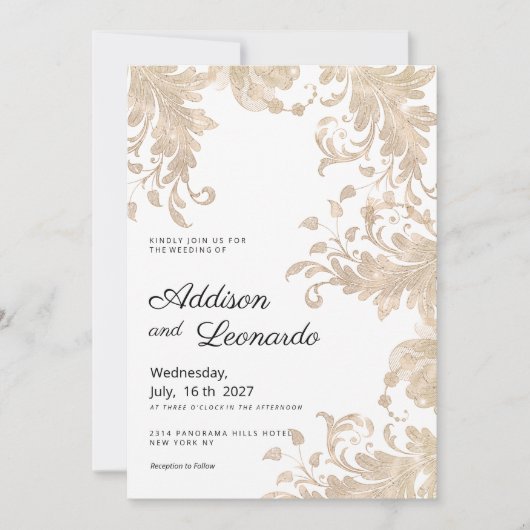 Invitation Luxe chic or blanc dentelle florale mariage (Devant)
