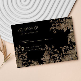 Invitation Luxe chic or noir dentelle florale RSVP