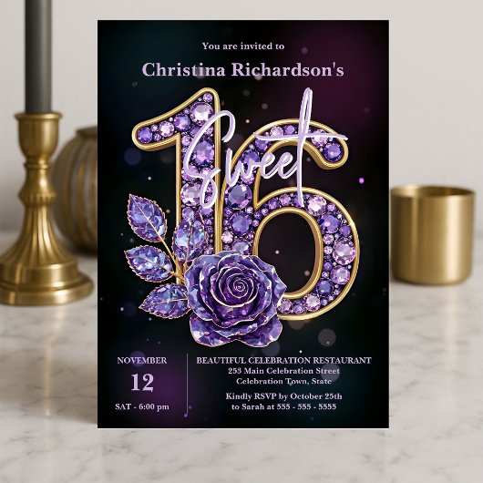 Invitation Luxe Chic Purple Amethyst Gemstone Rose Sweet 16