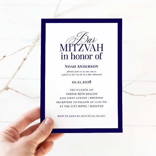 Invitation Luxe classique | Elégant bar bleu et blanc Mitzvah