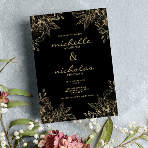 Invitation Luxe classique mariage florale noir et or