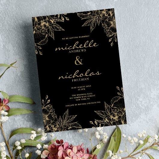 Invitation Luxe classique mariage florale noir et or