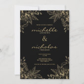 Invitation Luxe classique mariage florale noir et or (Devant)