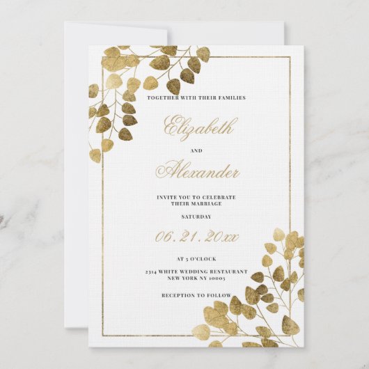 Invitation Luxe classique or blanc eucalyptus mariage (Devant)