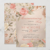 Invitation Luxe Coral Gold Foil Floral House Party (Devant / Derrière)
