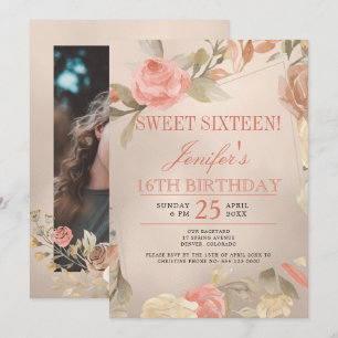 Invitation Luxe Coral Or Pêche Floral PHOTO Sweet sixteen