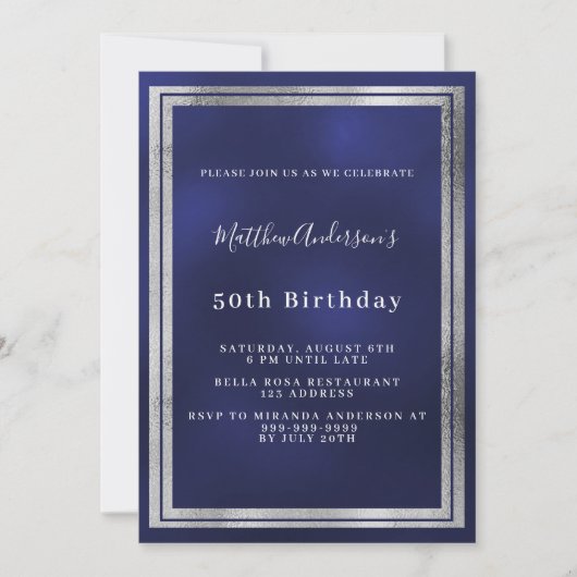 Invitation luxe d'anniversaire bleu marine (Devant)