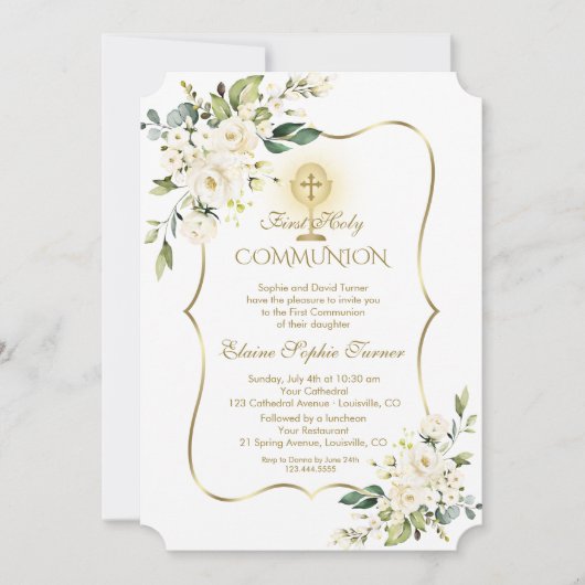 Invitation Luxe Delicate Blanc Floral Or Sainte Communion (Devant)