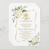 Invitation Luxe Delicate Blanc Floral Or Sainte Communion (Devant / Derrière)