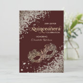 Invitation Luxe diamant Masquerade Quinceañera bordeaux (Debout devant)