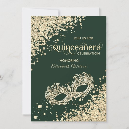 Invitation Luxe diamant Masquerade Quinceañera vert (Devant)