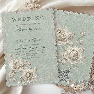 Invitation Luxe discret Laçage vert sauge ivoire vintage