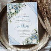 Invitation Luxe Dusty Bleu Blanc Fleurs d'argent Mariage