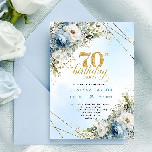 Invitation Luxe dusty blue florals gold frame 70th birthday 