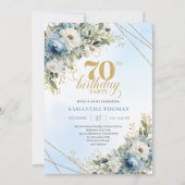 Invitation Luxe dusty blue florals gold frame 70th birthday  (Devant)