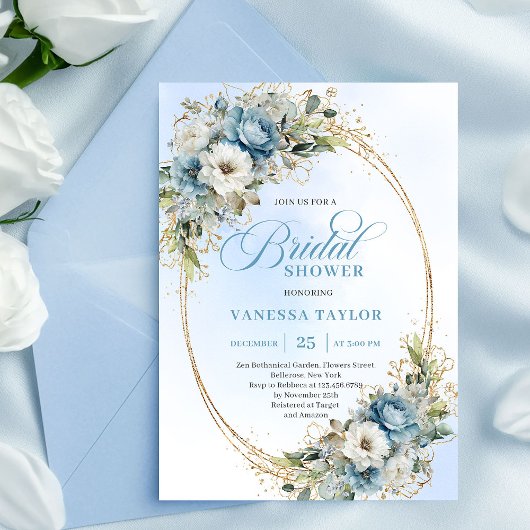 Invitation Luxe Dusty Blue Flowers Gold Frame Bridal Shower