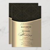 Invitation Luxe Elegant Noir Damask Gold Mariage (Devant / Derrière)