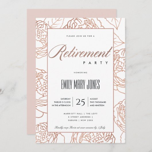 INVITATION LUXE ÉLÉGANT ROSE PÂLE OR ROSE FLORAL RETRAITE (Devant / Derrière)