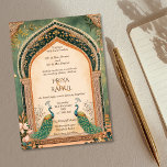 Invitation Luxe Elegant Vintage or Peacock Mariage indien<br><div class="desc">Elégant Vintage Blue Floral Arch Faire-part de mariage indien avec deux paons</div>