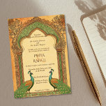 Invitation Luxe Elegant Vintage or Peacock Mariage indien<br><div class="desc">Elégant Vintage Blue Floral Arch Faire-part de mariage indien avec deux paons</div>