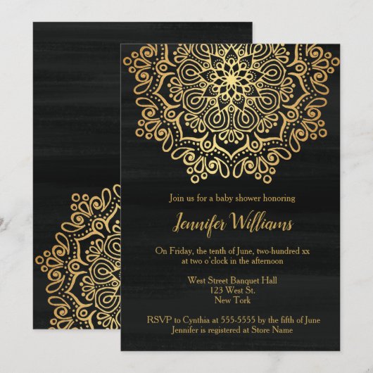 Invitation Luxe Faux Gold Mandala Baby shower noir (Devant / Derrière)