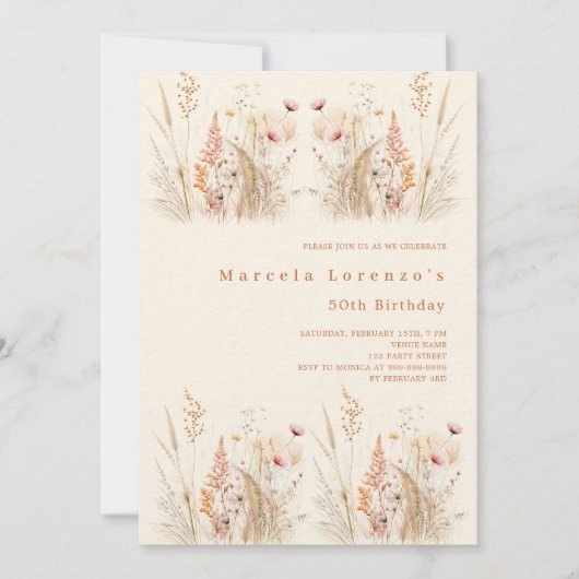 Invitation luxe fleur sauvage d'anniversaire boho (Devant)