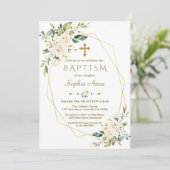 Invitation Luxe Fleurs Blanches Croix Or Cadre Baptême (Debout devant)
