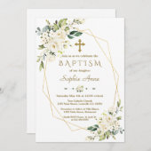 Invitation Luxe Fleurs Blanches Croix Or Cadre Baptême (Devant / Derrière)