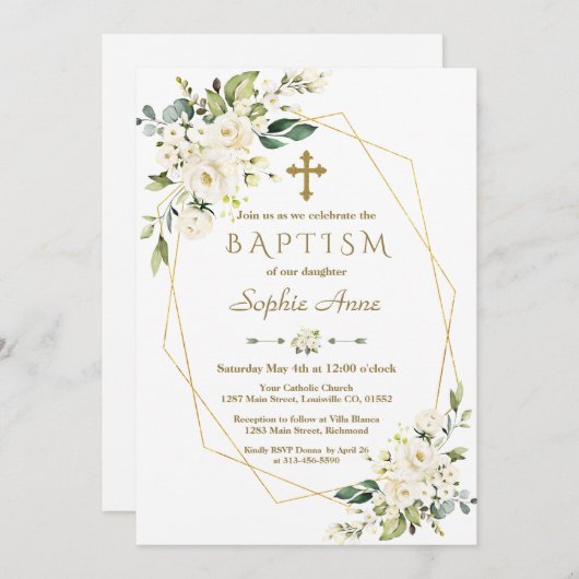 Invitation Luxe Fleurs Blanches Croix Or Cadre Baptême (Devant / Derrière)