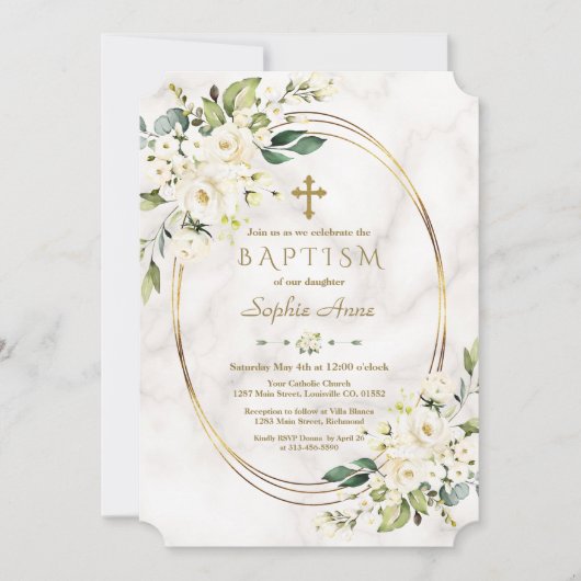 Invitation Luxe Fleurs blanches Marbre Gold Croix Baptême (Devant)