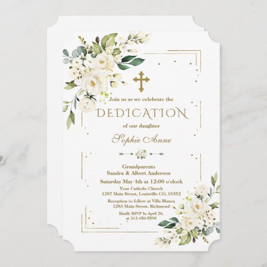 Invitation Luxe Fleurs Blanches Parties scintillant Or Dedica (Devant / Derrière)