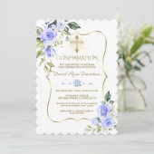 Invitation Luxe Fleurs Bleues Or Frame Boy Confirmation (Debout devant)