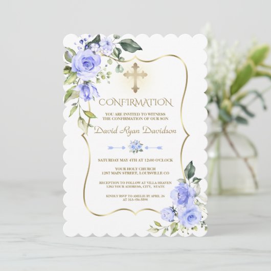 Invitation Luxe Fleurs Bleues Or Frame Boy Confirmation (Debout devant)