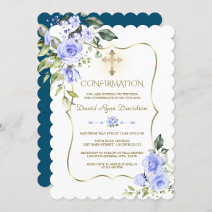 Invitation Luxe Fleurs Bleues Or Frame Boy Confirmation