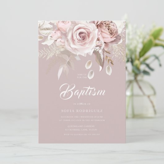 Invitation Luxe Fleurs de Flush Premium Baptême (Debout devant)