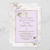 Invitation Luxe Fleurs d'or violet clair en marbre Baptême (Devant / Derrière)